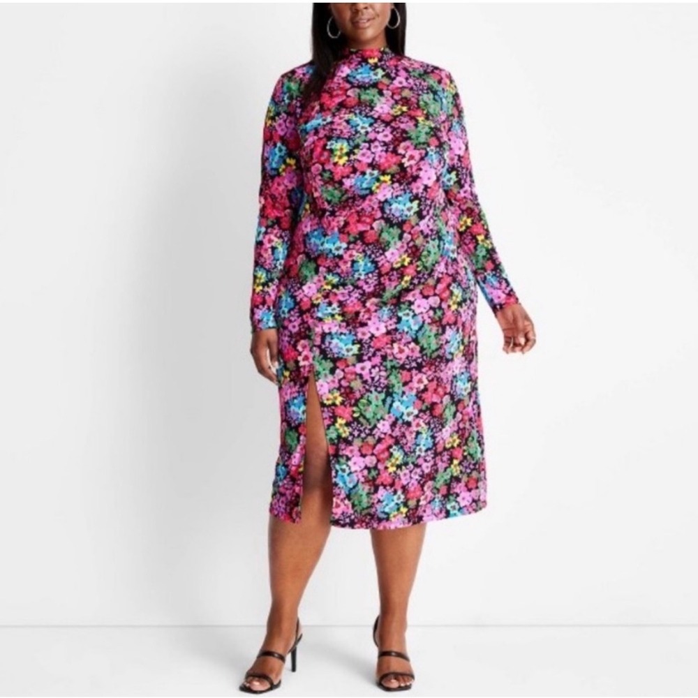 Wild Fable Floral Mock Neck Long Sleeve Side Slit Midi Dress Multicolor Black - Picture 3 of 5